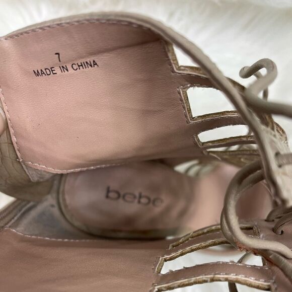 bebe | strappy open toe cream sandal stiletto 7.0 4” heel back zipper closure. - Picture 3 of 10